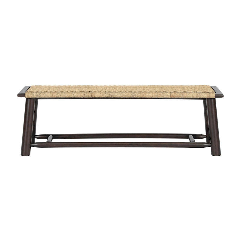 Banco de ratán de madera maciza moderno estilo granja - Banco de 59 pulgadas para interiores y exteriores cubiertos, acabado nogal y diseño multifuncional