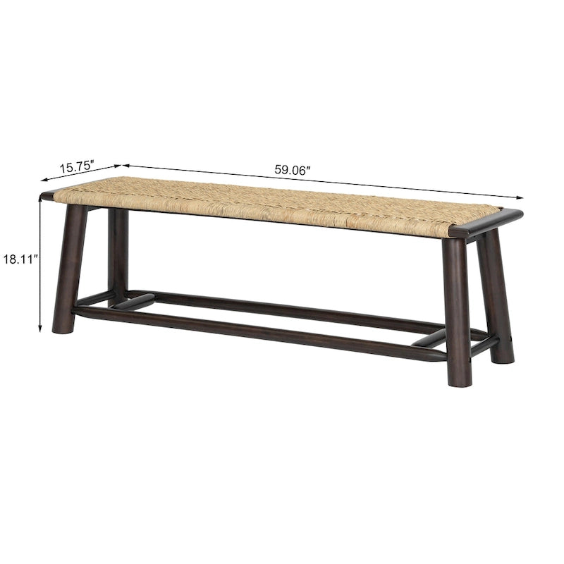 Moderner Bauernhausstil: Sitzbank aus Massivholz und Rattan - 59 Zoll, für den Innenbereich und überdachte Außenbereiche, Walnuss-Finish, vielseitiges Design