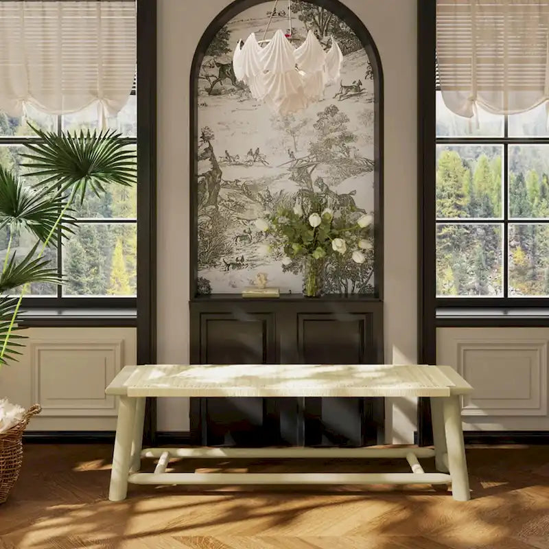 Moderner Bauernhausstil: Sitzbank aus Massivholz und Rattan - 59 Zoll, für den Innenbereich und überdachte Außenbereiche, Walnuss-Finish, vielseitiges Design