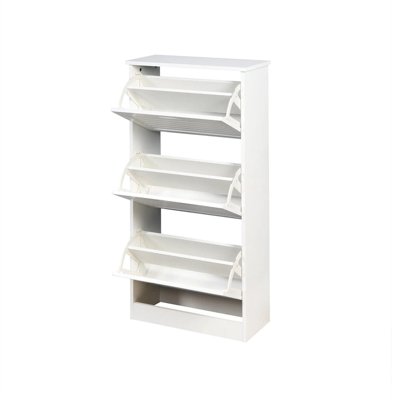Zapatero blanco con listones y tres puertas abatibles, con estantes ajustables