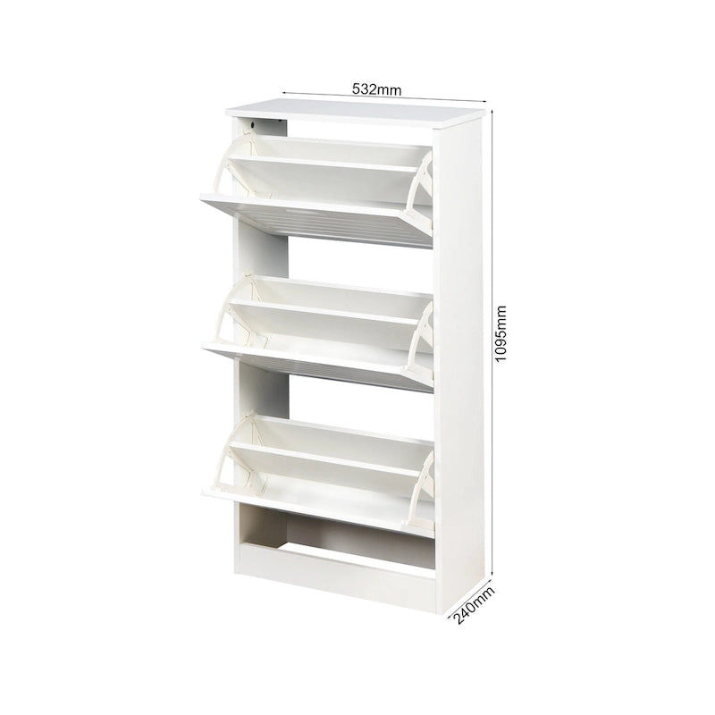 Zapatero blanco con listones y tres puertas abatibles, con estantes ajustables