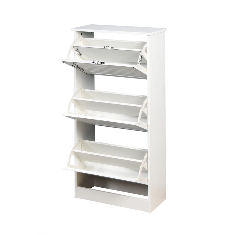 Zapatero blanco con listones y tres puertas abatibles, con estantes ajustables
