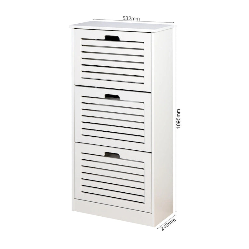 Zapatero blanco con listones y tres puertas abatibles, con estantes ajustables