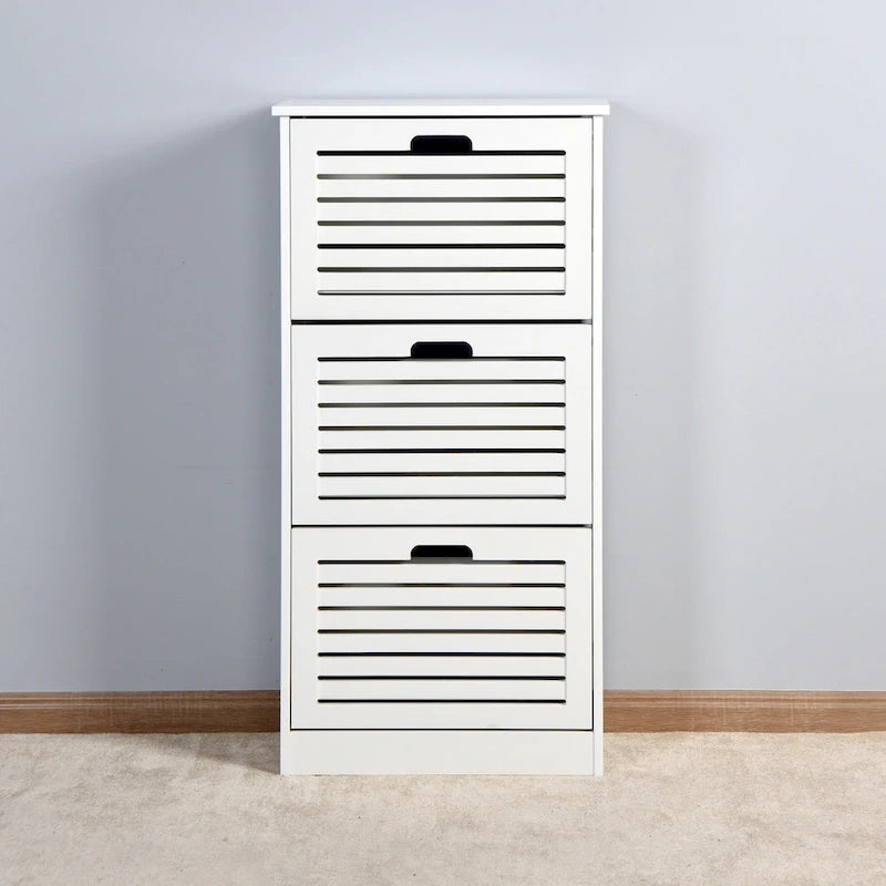 Zapatero blanco con listones y tres puertas abatibles, con estantes ajustables