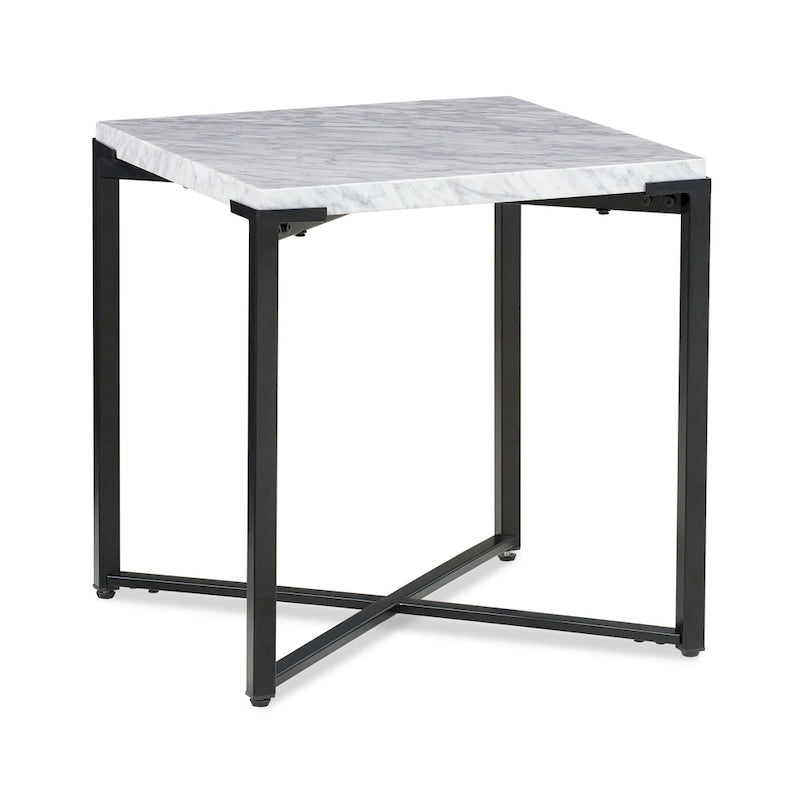 Mesa auxiliar cuadrada moderna de mármol blanco con estructura negra mate