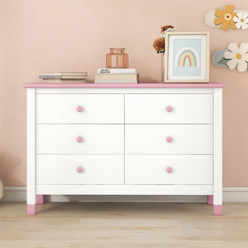 Cómoda moderna de madera para dormitorio con seis cajones y tiradores redondos