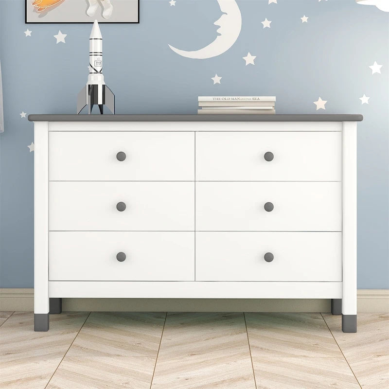Cómoda moderna de madera para dormitorio con seis cajones y tiradores redondos