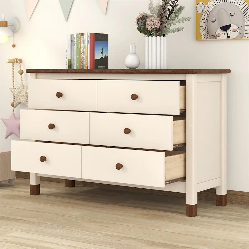 Cómoda moderna de madera para dormitorio con seis cajones y tiradores redondos