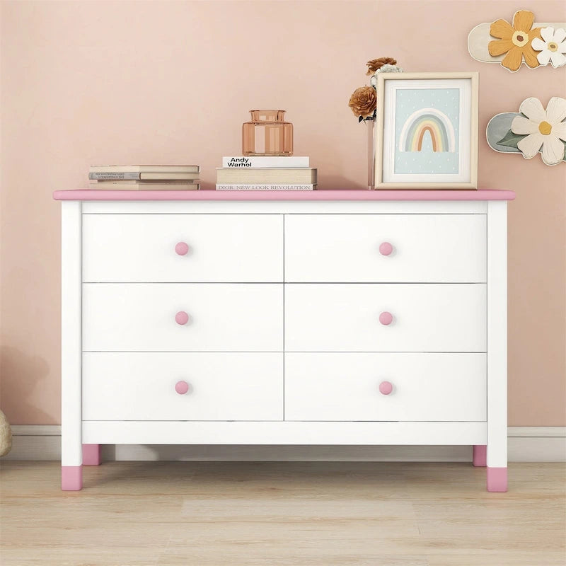 Cómoda moderna de madera para dormitorio con seis cajones y tiradores redondos
