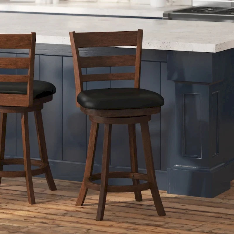Taburete de madera con respaldo de escalera y altura de barra, con asiento tapizado