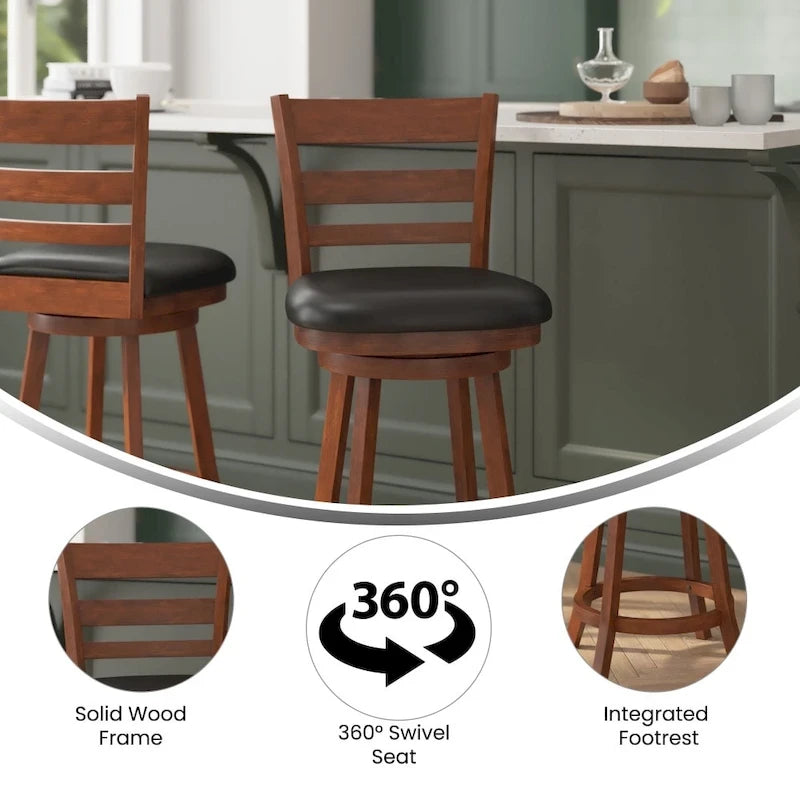 Taburete de madera con respaldo de escalera y altura de barra, con asiento tapizado