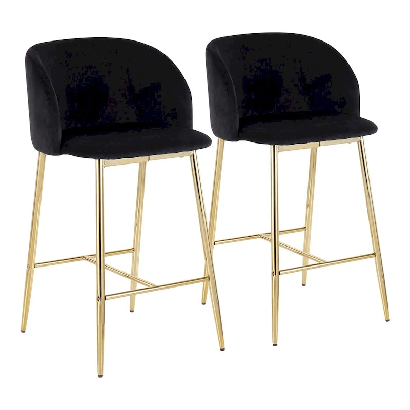 Taburete alto moderno de terciopelo con respaldo curvo y patas metálicas