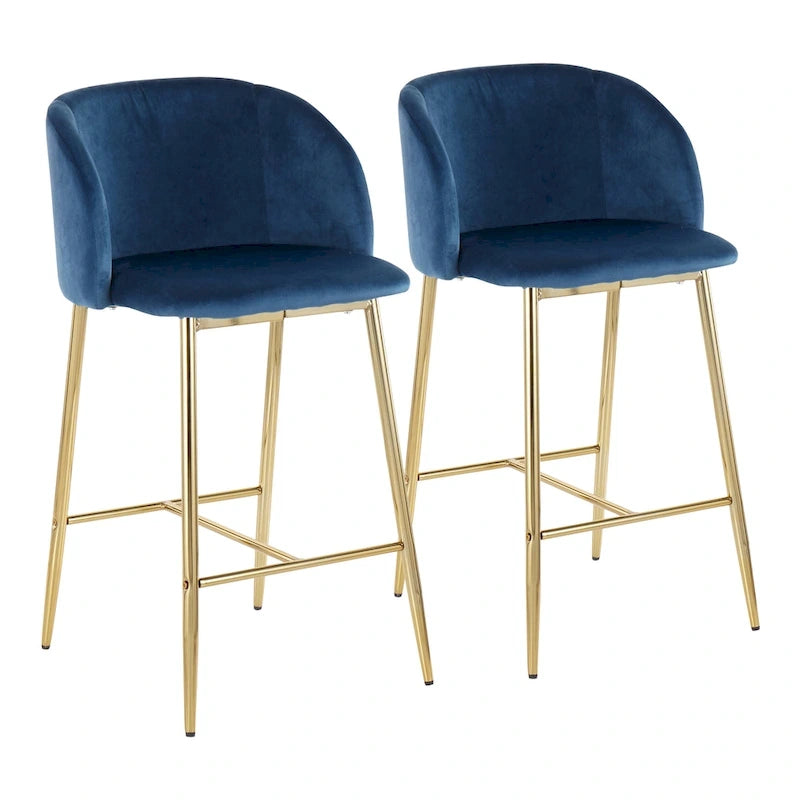 Taburete alto moderno de terciopelo con respaldo curvo y patas metálicas
