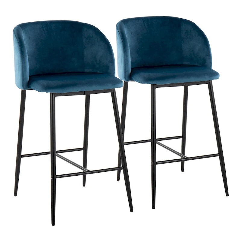 Taburete alto moderno de terciopelo con respaldo curvo y patas metálicas