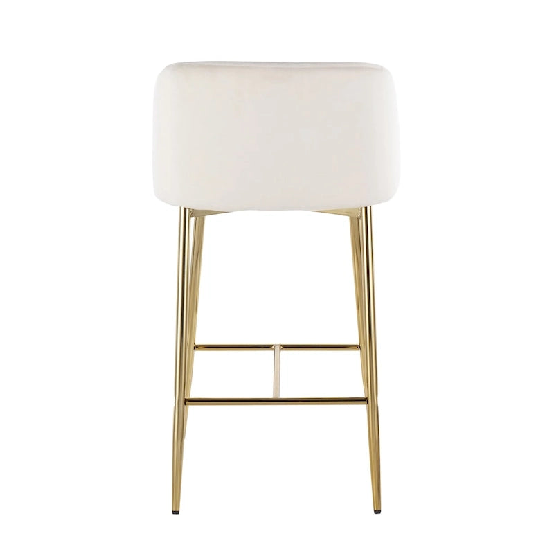 Taburete alto moderno de terciopelo con respaldo curvo y patas metálicas