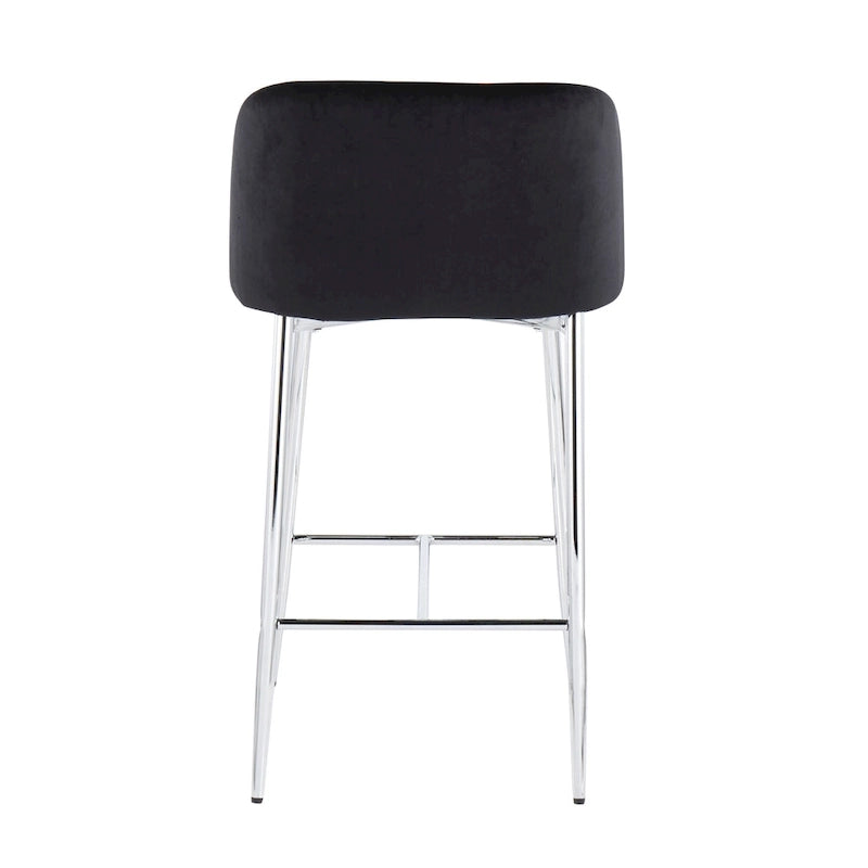 Taburete alto moderno de terciopelo con respaldo curvo y patas metálicas