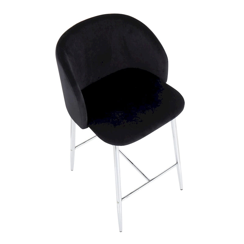 Taburete alto moderno de terciopelo con respaldo curvo y patas metálicas