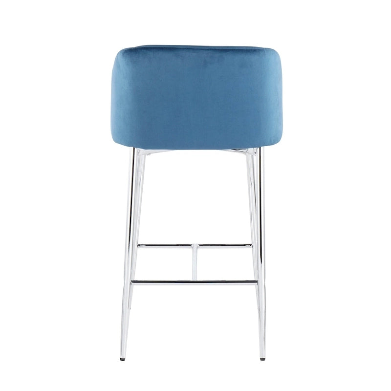Taburete alto moderno de terciopelo con respaldo curvo y patas metálicas