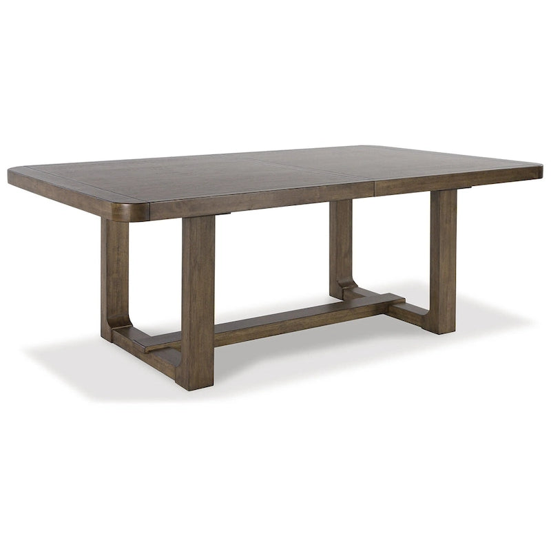 Mesa de comedor rectangular estilo rústico de granja, color marrón claro, con diseño extensible de patas de caballete