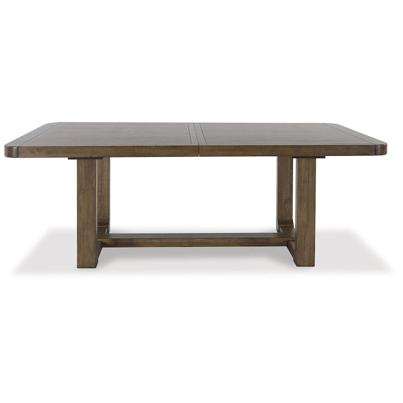 Mesa de comedor rectangular estilo rústico de granja, color marrón claro, con diseño extensible de patas de caballete