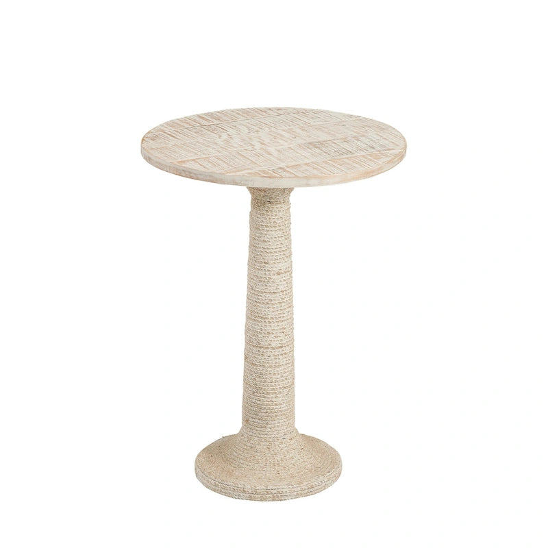 Mesa auxiliar redonda de madera de mango encalada con base de pedestal de yute
