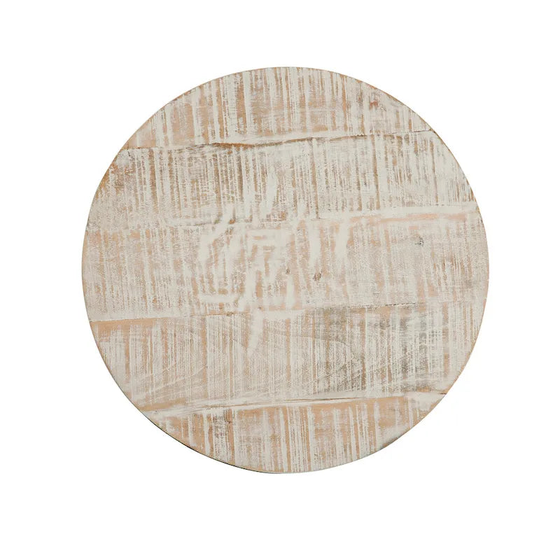Mesa auxiliar redonda de madera de mango encalada con base de pedestal de yute
