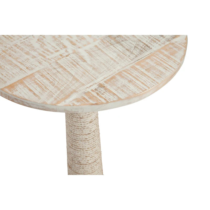 Mesa auxiliar redonda de madera de mango encalada con base de pedestal de yute