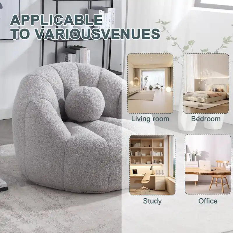 Sillón tipo puf redondo tapizado, de textura suave, para leer