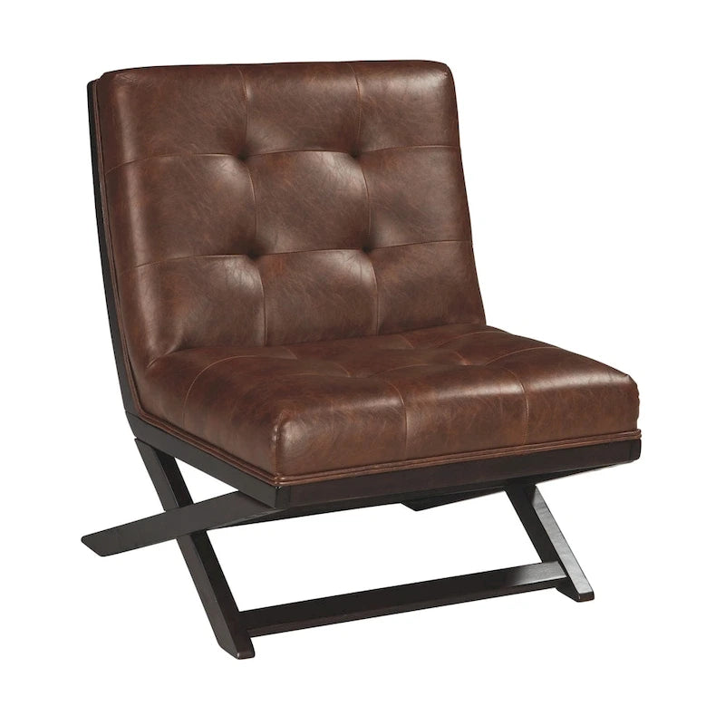 Sillón decorativo marrón de cuero sintético capitoné, sin brazos, con base metálica
