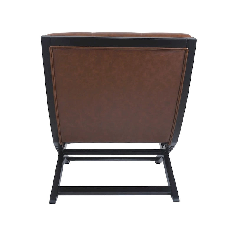 Sillón decorativo marrón de cuero sintético capitoné, sin brazos, con base metálica