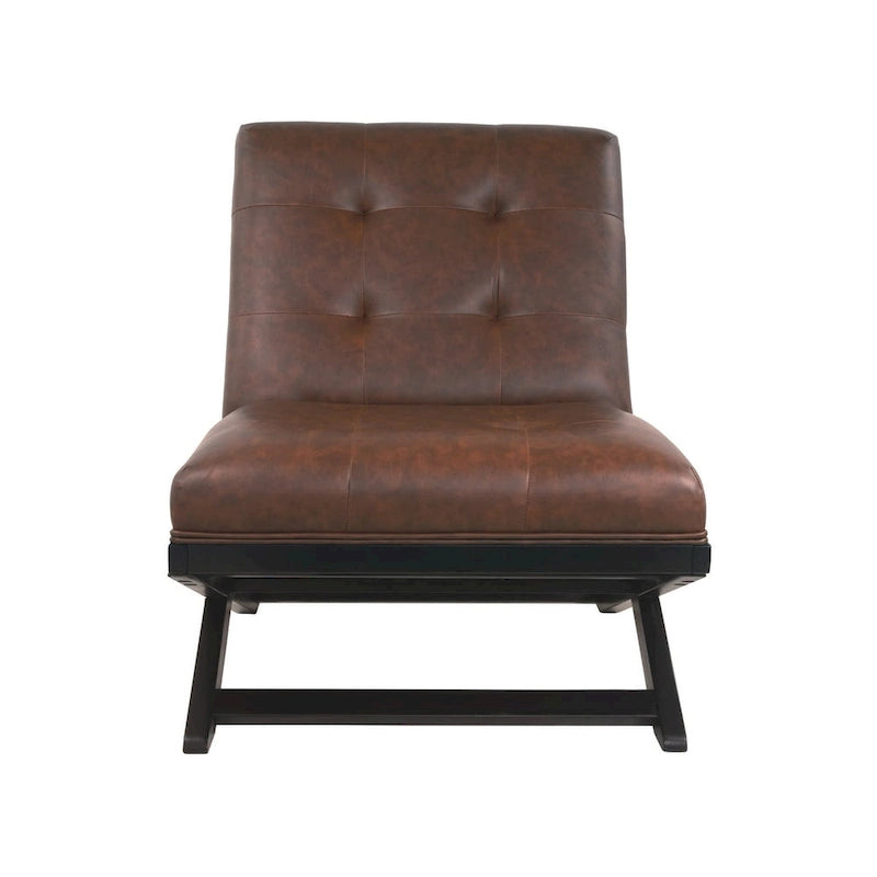 Sillón decorativo marrón de cuero sintético capitoné, sin brazos, con base metálica