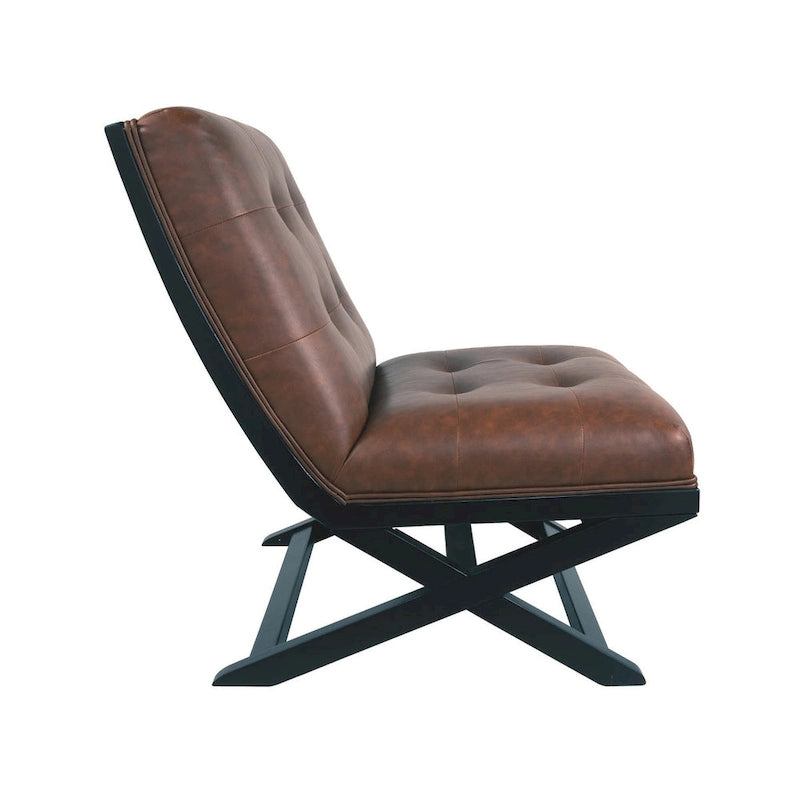 Sillón decorativo marrón de cuero sintético capitoné, sin brazos, con base metálica