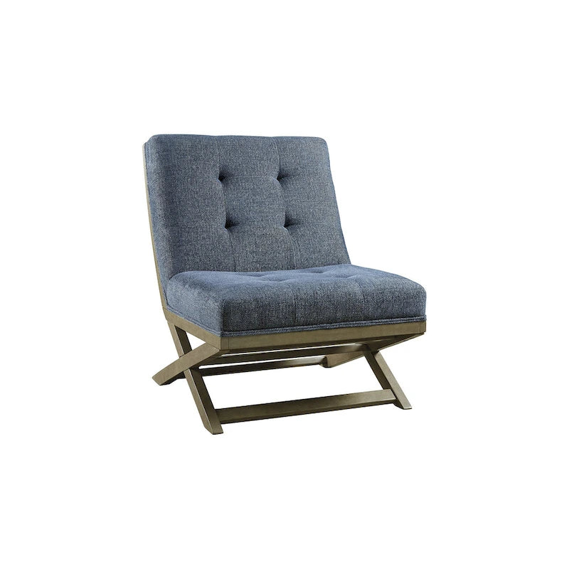 Sillón decorativo marrón de cuero sintético capitoné, sin brazos, con base metálica