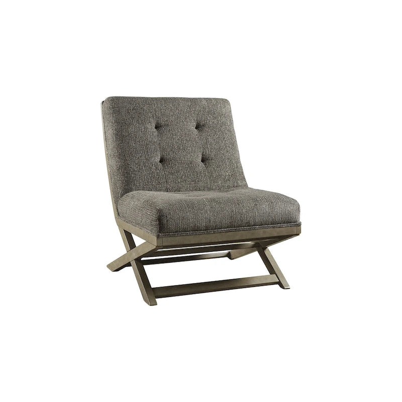 Sillón decorativo marrón de cuero sintético capitoné, sin brazos, con base metálica