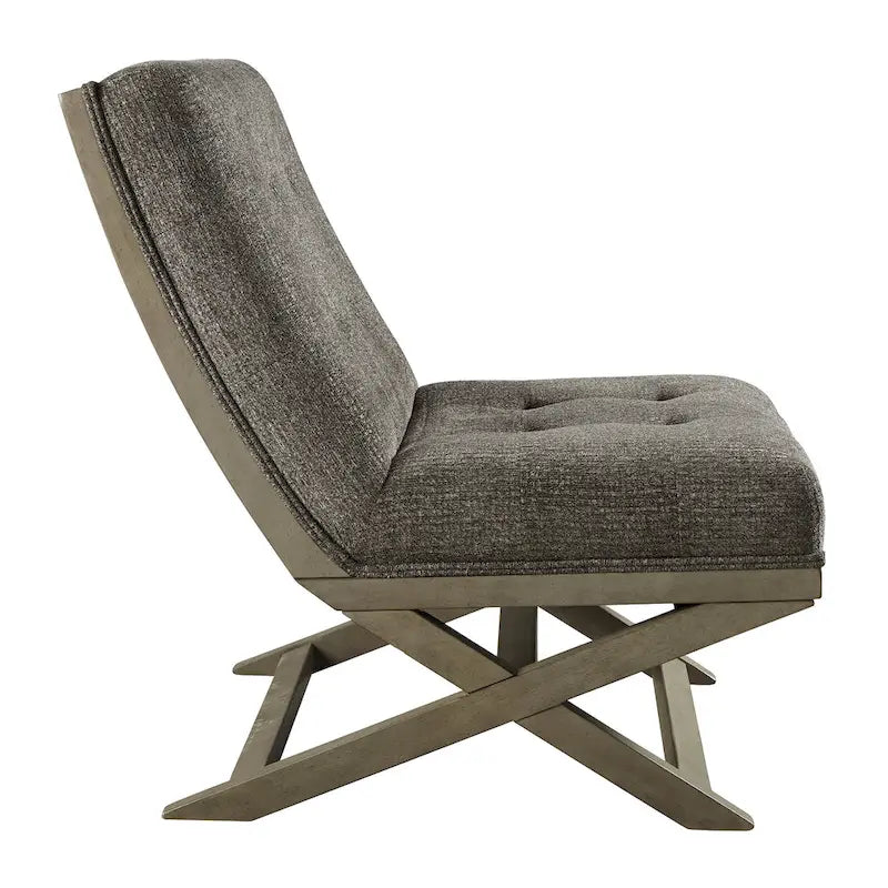 Sillón decorativo marrón de cuero sintético capitoné, sin brazos, con base metálica