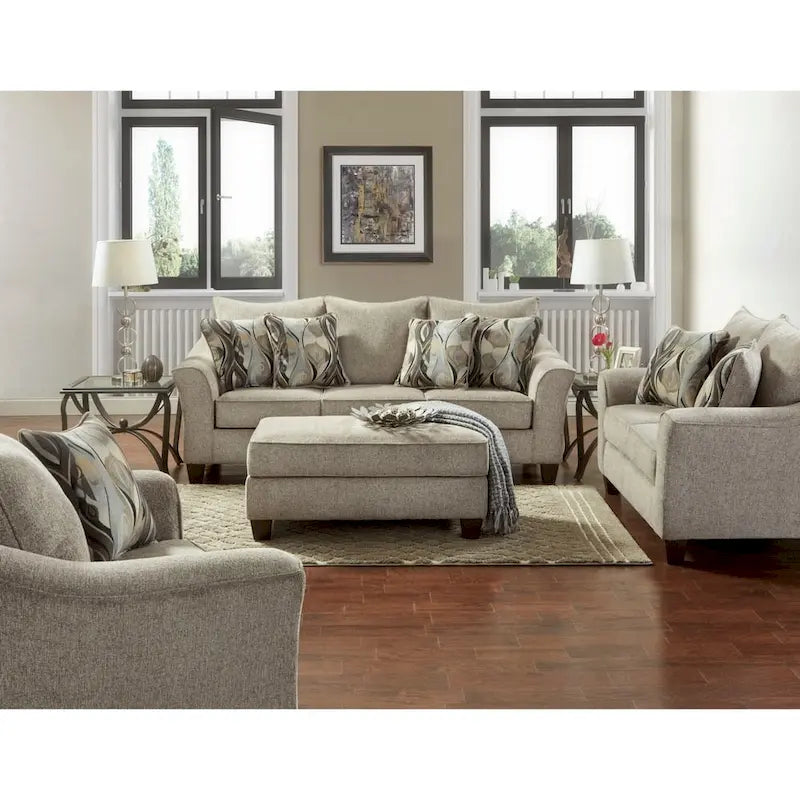 Textured Fabric Loveseat with Rolled Arms and Plush Pillow Back