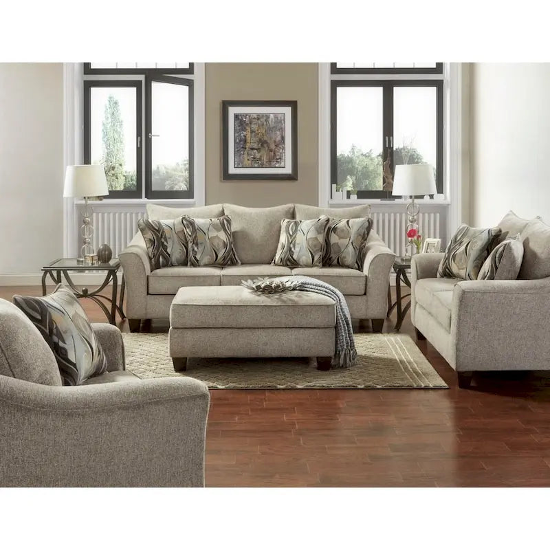 Textured Fabric Loveseat with Rolled Arms and Plush Pillow Back