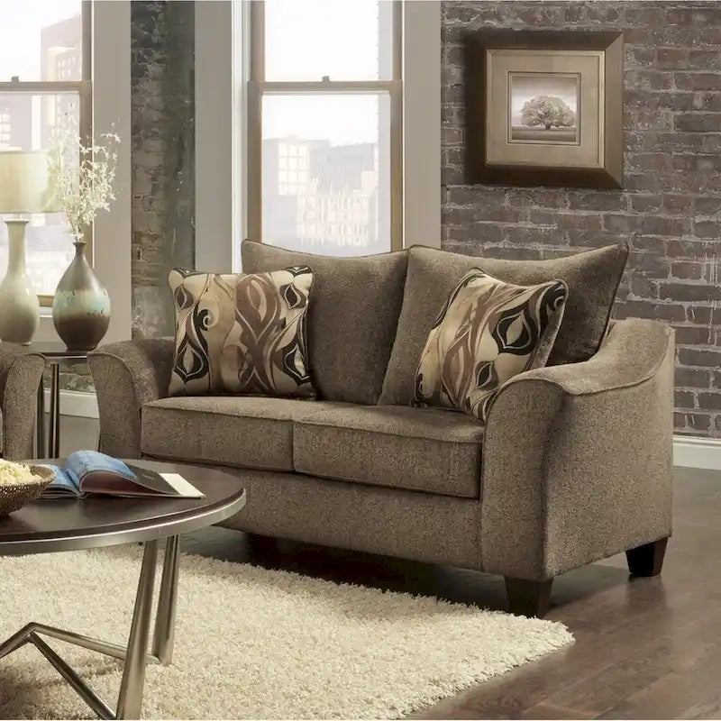 Textured Fabric Loveseat with Rolled Arms and Plush Pillow Back