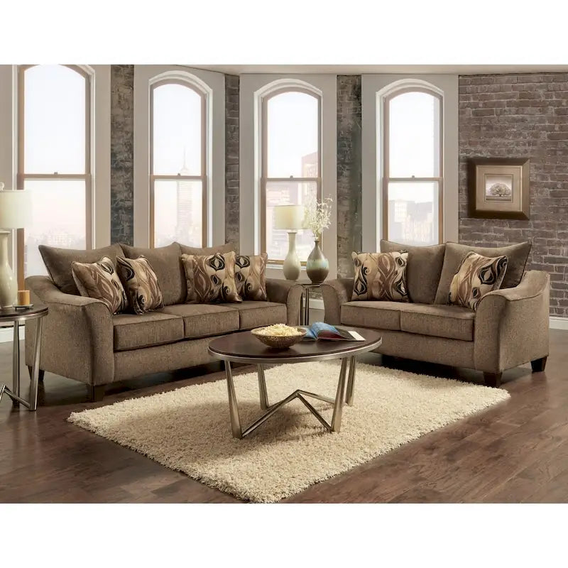 Textured Fabric Loveseat with Rolled Arms and Plush Pillow Back