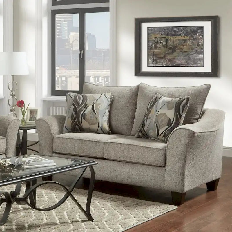 Textured Fabric Loveseat with Rolled Arms and Plush Pillow Back