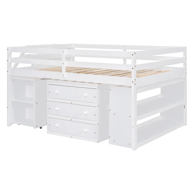 Cama alta tamaño matrimonial con escritorio extraíble y 3 cajones, cama alta de madera con escaleras de almacenamiento y estantes, blanca