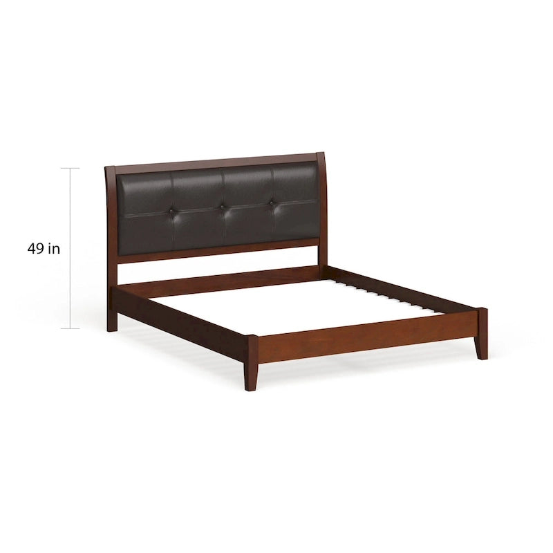 Cama de plataforma de madera de cerezo con cabecero acolchado con botones decorativos de imitación de cuero color espresso