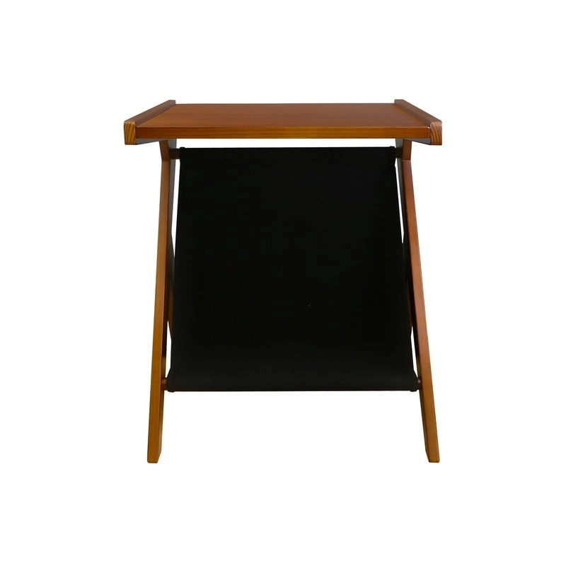 Z-vormige bijzettafel van massief hout met zwarte canvas opbergruimte