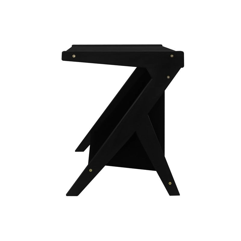 Z-vormige bijzettafel van massief hout met zwarte canvas opbergruimte