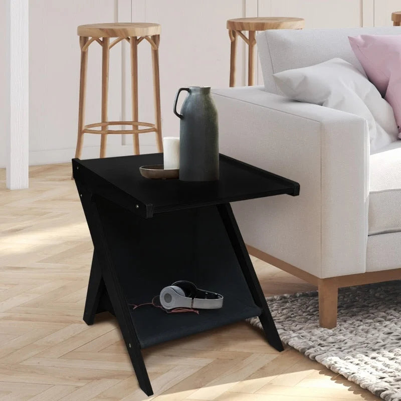 Mesa auxiliar de sofá en forma de Z de madera maciza con almacenamiento de lona negra