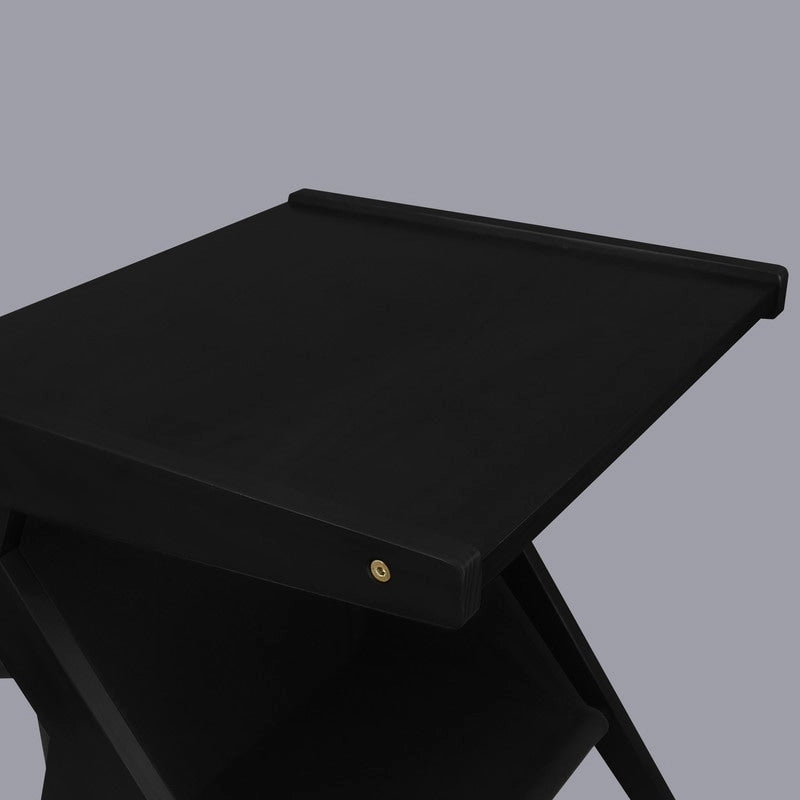 Z-vormige bijzettafel van massief hout met zwarte canvas opbergruimte
