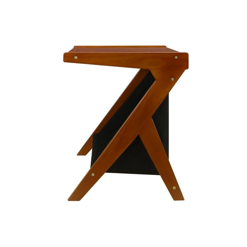 Z-vormige bijzettafel van massief hout met zwarte canvas opbergruimte