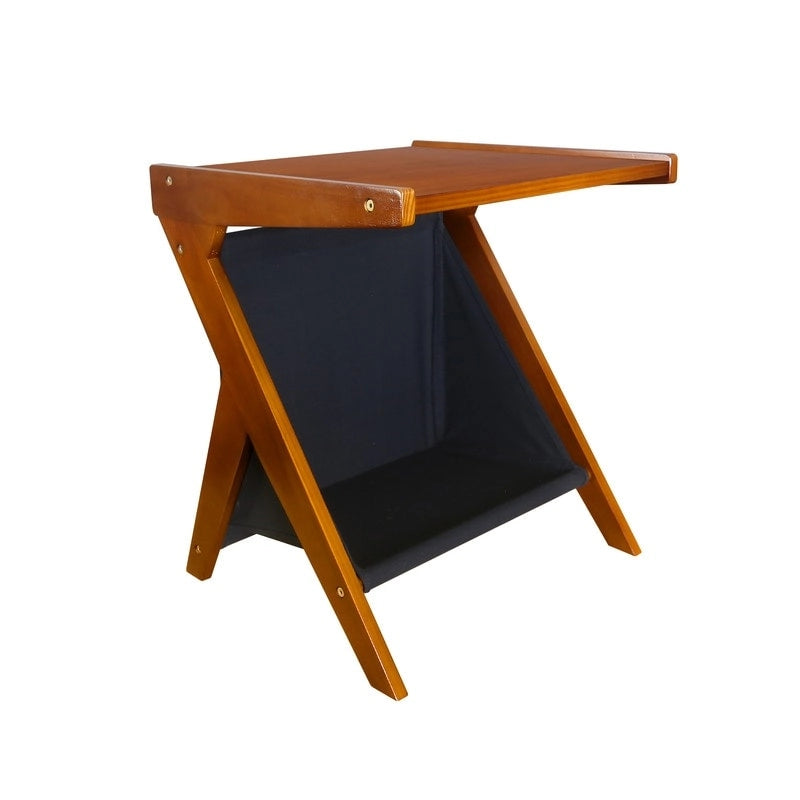 Z-vormige bijzettafel van massief hout met zwarte canvas opbergruimte