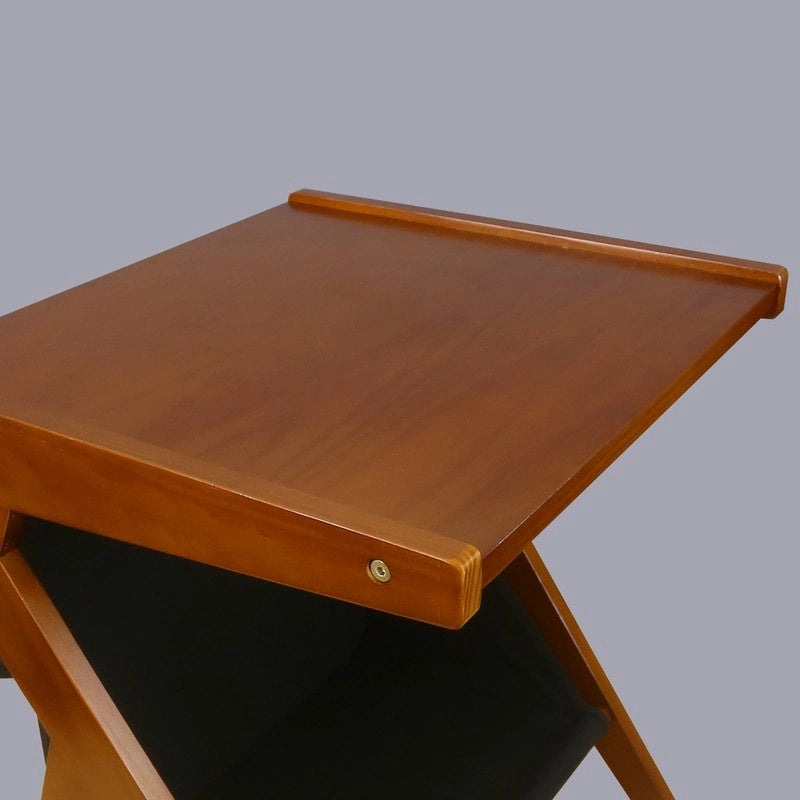 Z-vormige bijzettafel van massief hout met zwarte canvas opbergruimte