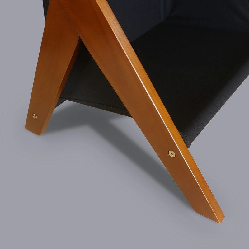 Z-vormige bijzettafel van massief hout met zwarte canvas opbergruimte
